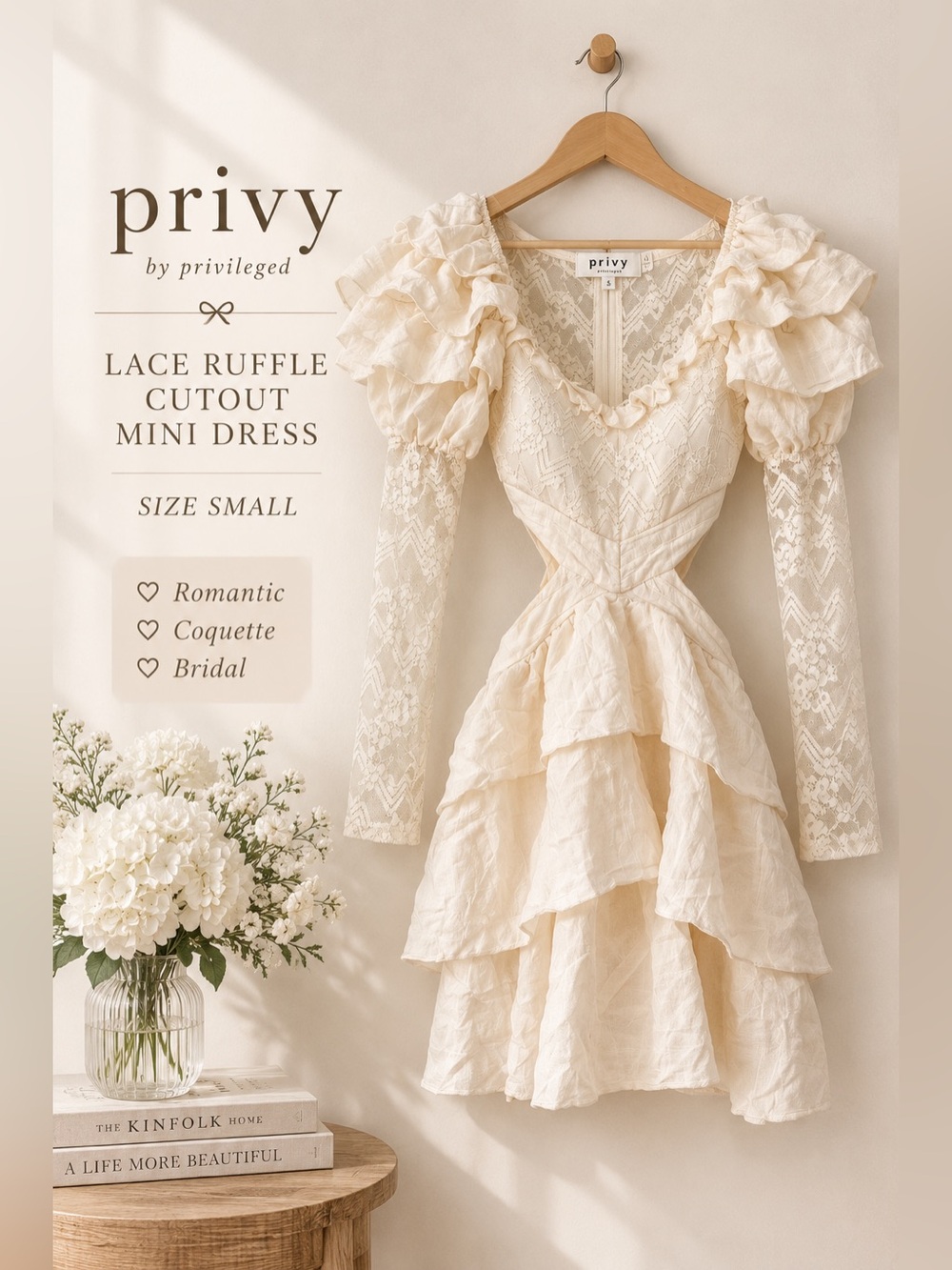 Privy Cream Lace Ruffle Cutout Mini Dress Size Small
